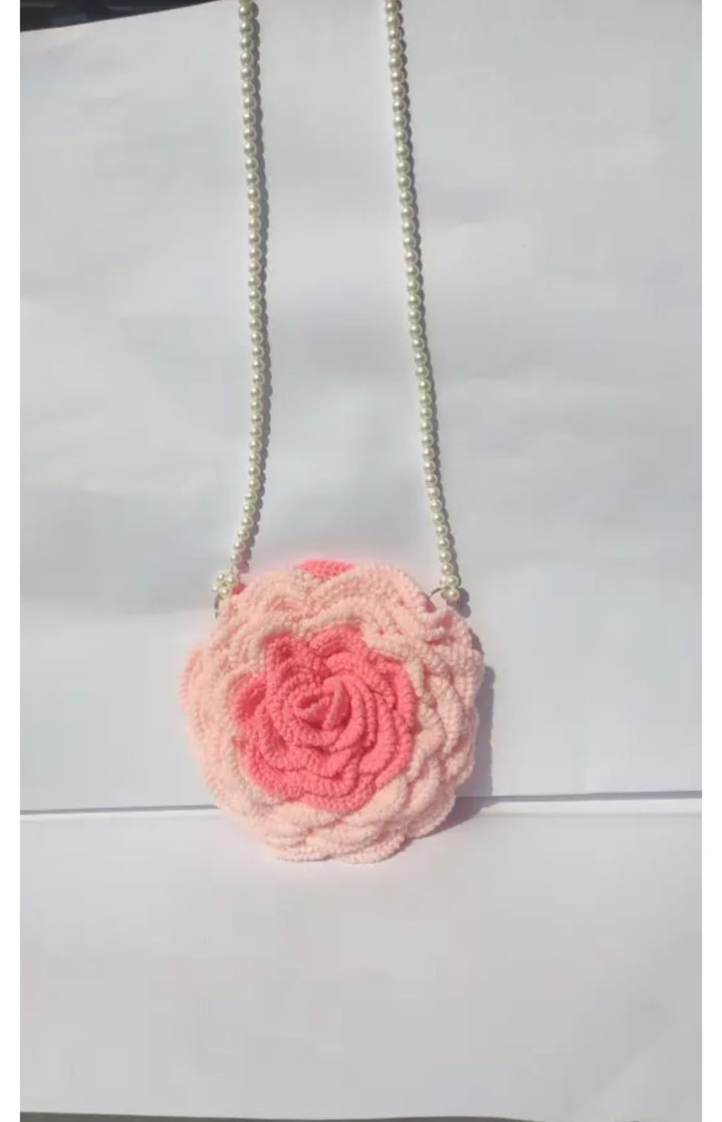 Crochet Rose Shaped Bag, Pink, Yarn, Pearl Chain Strap, Floral Clutch Purse