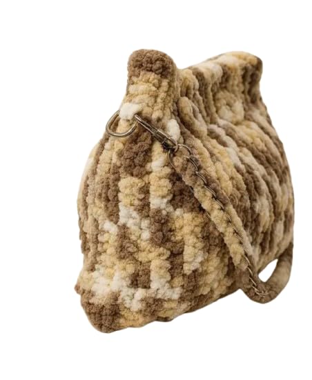 Handcrafted Crochet Crossbody Bag, Beige and Brown Checkered, Chain Strap, Boho Style