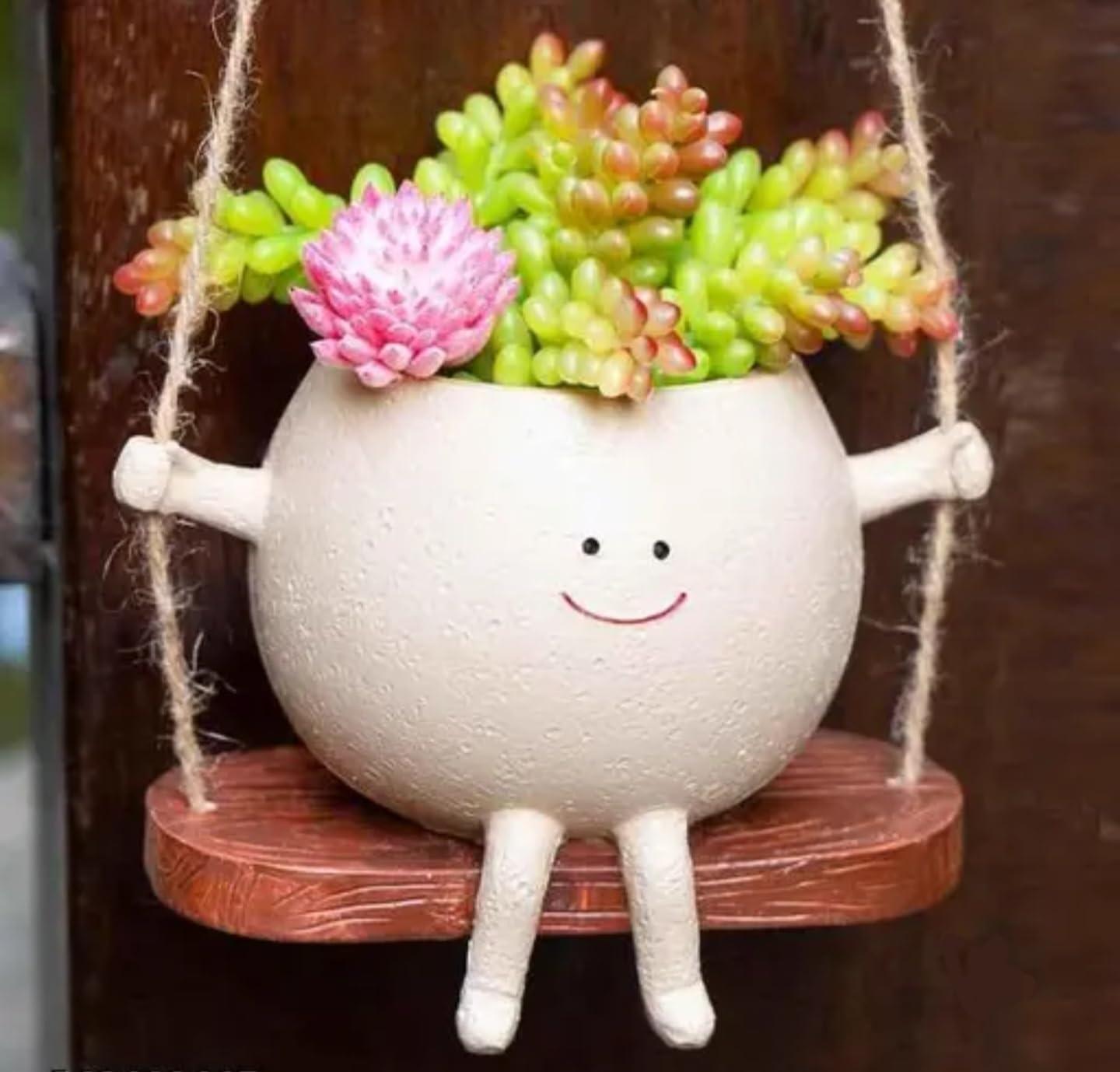 Hanging Succulent Planter, White Ceramic Pot with Smiling Face Design, Decorative Plant Holder with Wooden Swing, Indoor Garden Home Decor