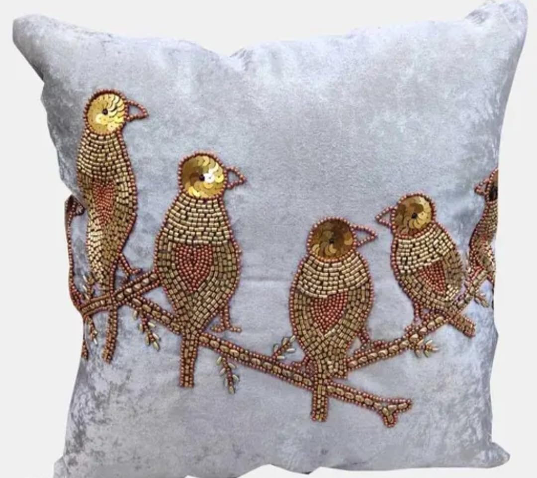 Handmade Velvet Throw Pillow Cover with Gold Beaded Bird on Branch Embroidery, Silver, Decorative Cushion
