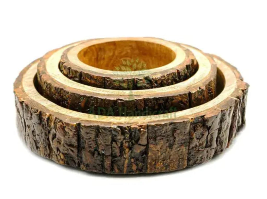 Rustic Natural Wood Slice Bowl Set, Cascading 3-Tier Decorative Display, Brown Bark Edge, Handcrafted Wooden Serving Bowls