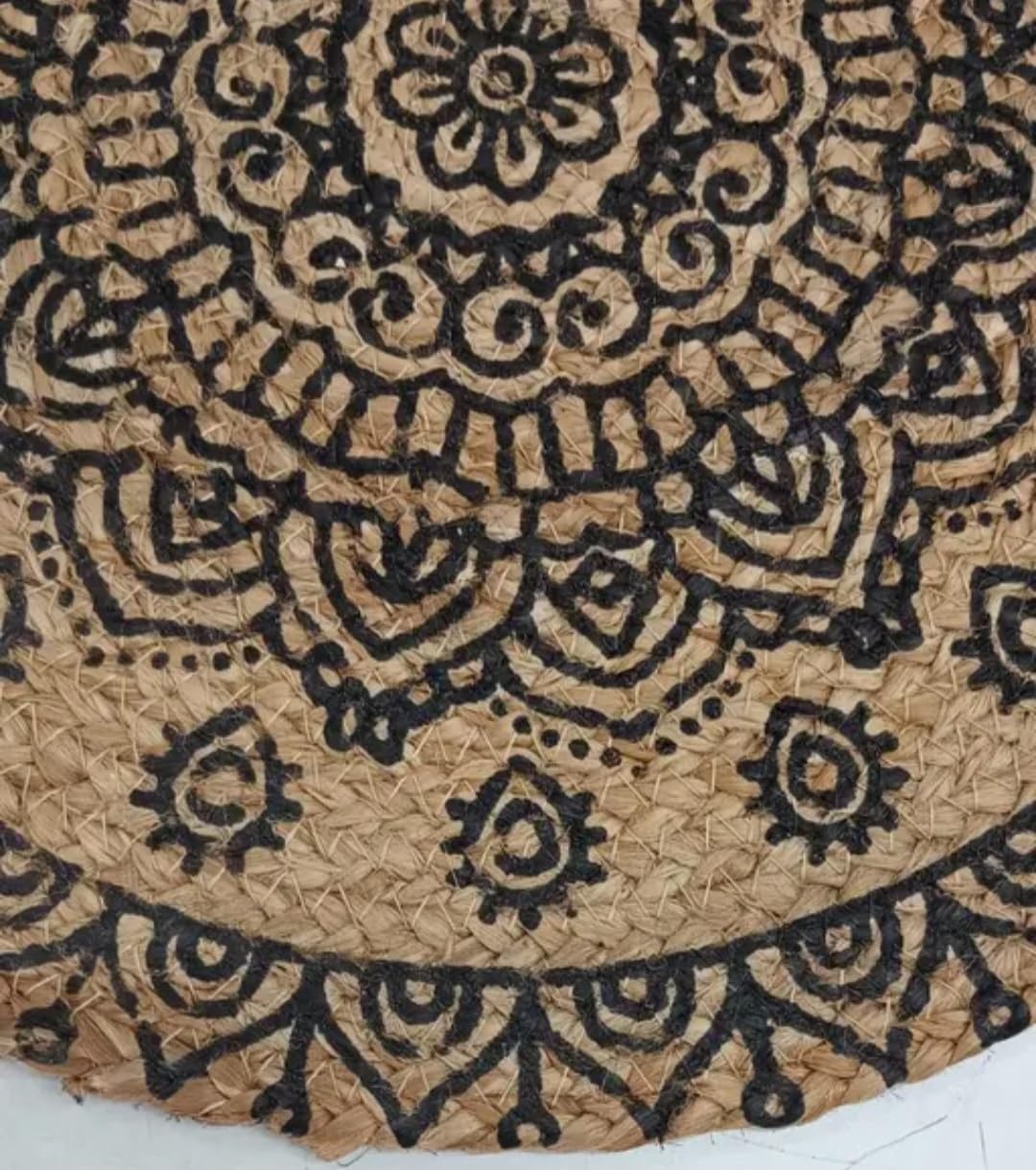 Round Jute Braided Rug with Mandala Print, Natural and Brown, Boho Style