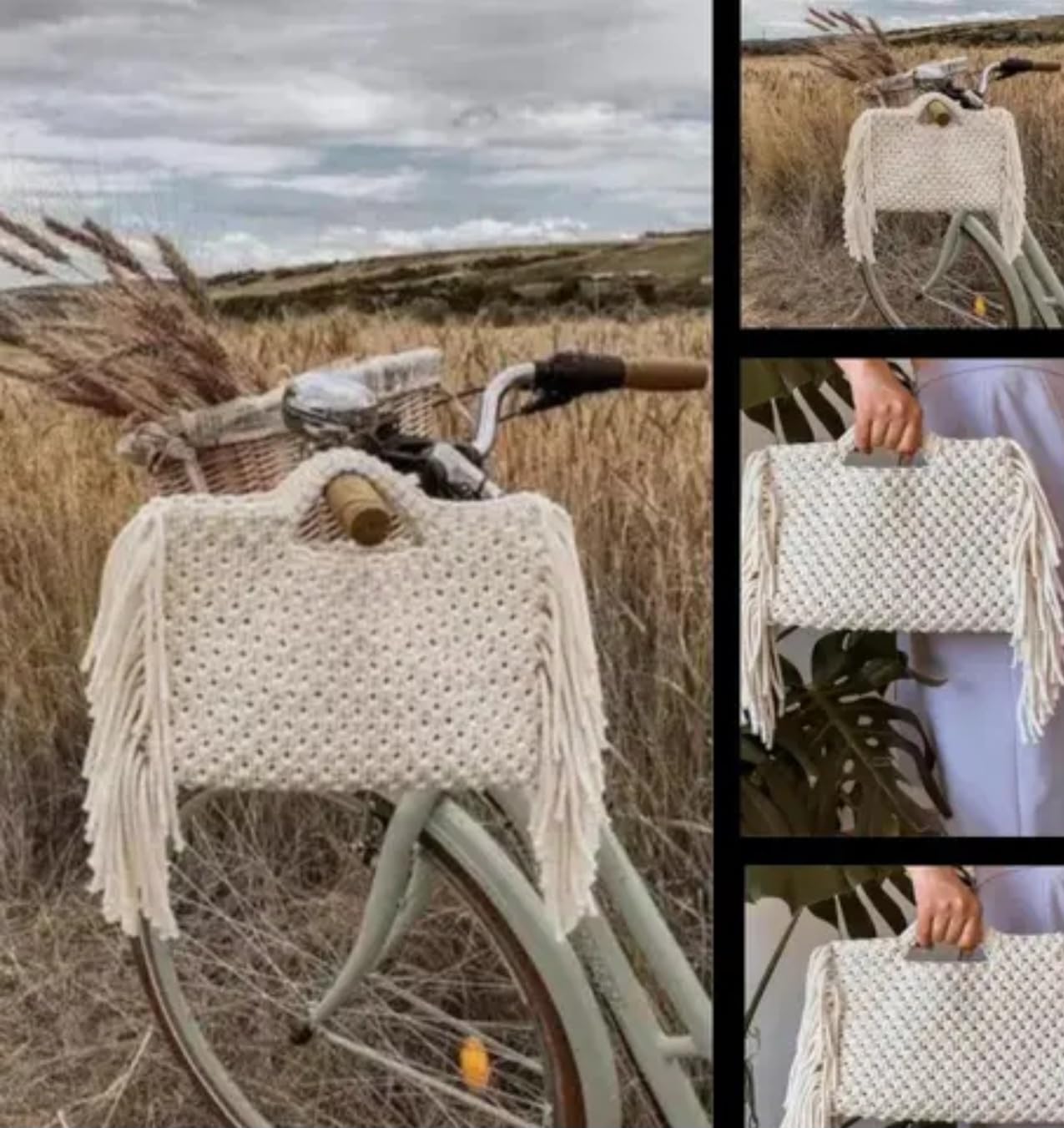 Handmade Macrame Clutch Handbag with Fringe Tassels, Cream White, Woven Pattern