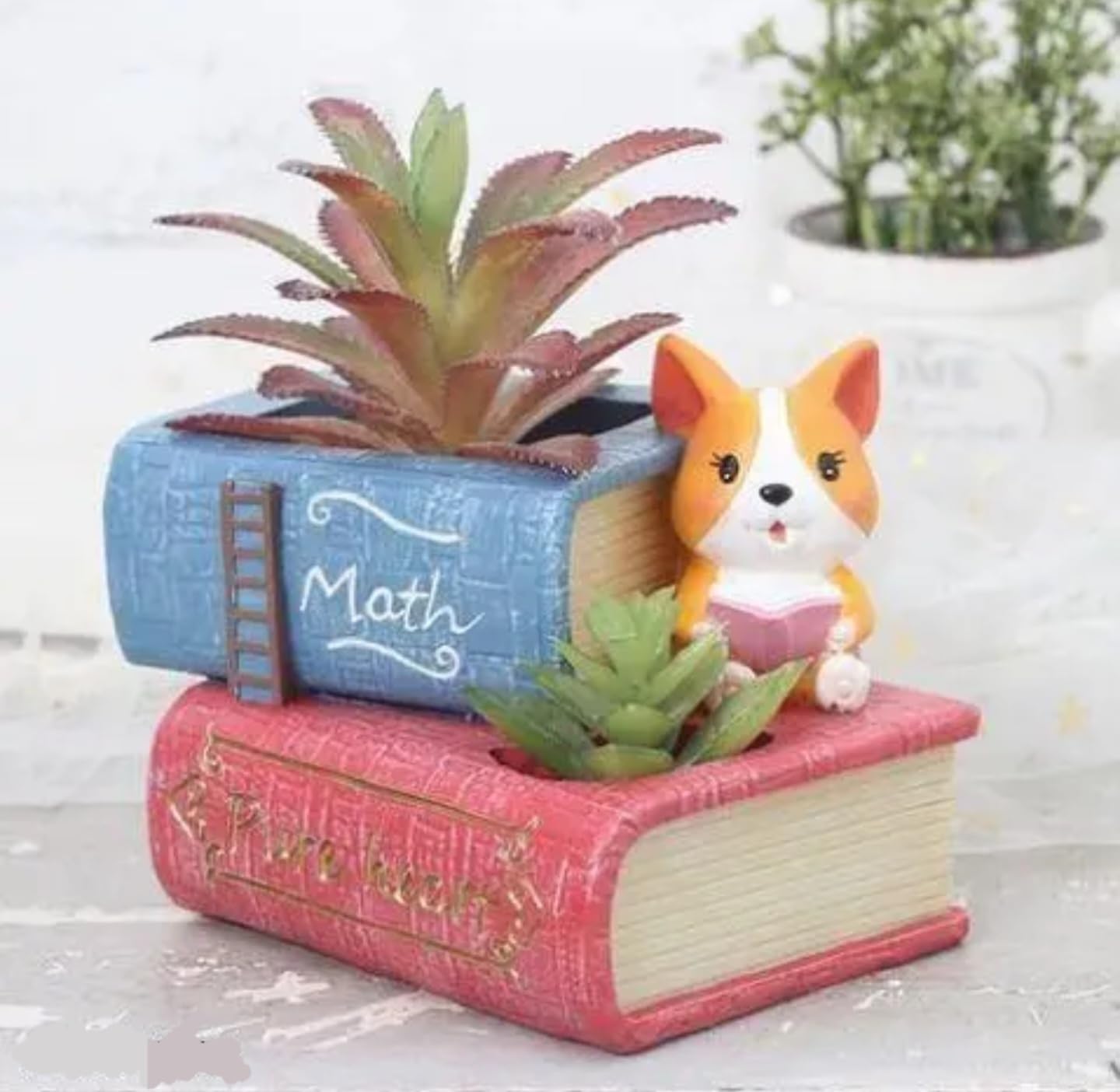 Decorative Succulent Planter Set, Cute Animal Design Book and Cat Shaped Ceramic Pots for Indoor Plants, White and Pink, Set of 4
