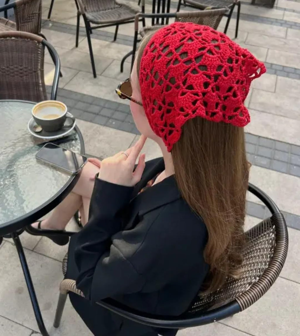 Red Crochet Headband, Lace Floral Pattern, Boho Hair Accessory for Women