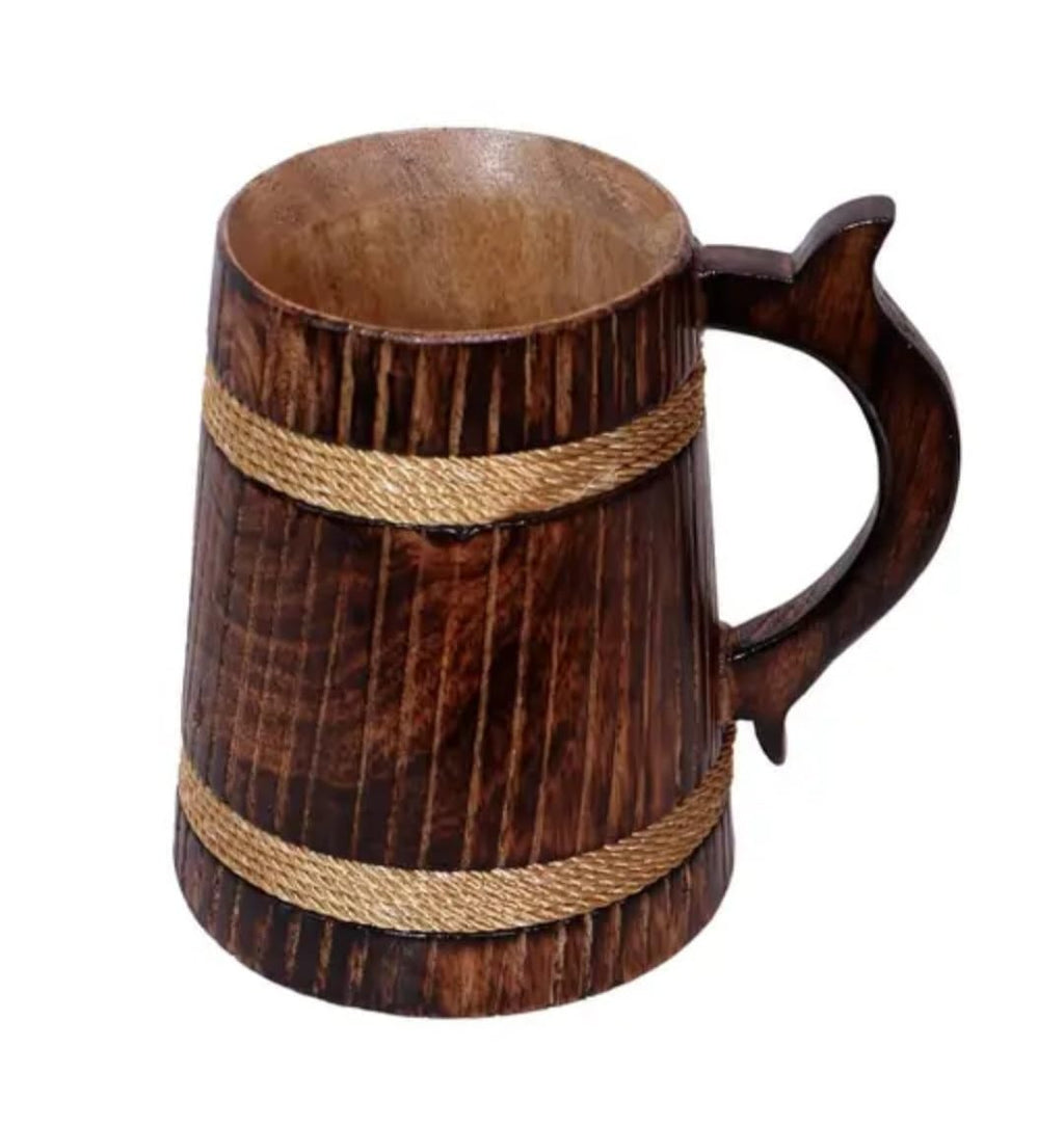 Handcrafted Wooden Beer Mug with Rope Accent, Rustic Barrel Style, Dark Brown