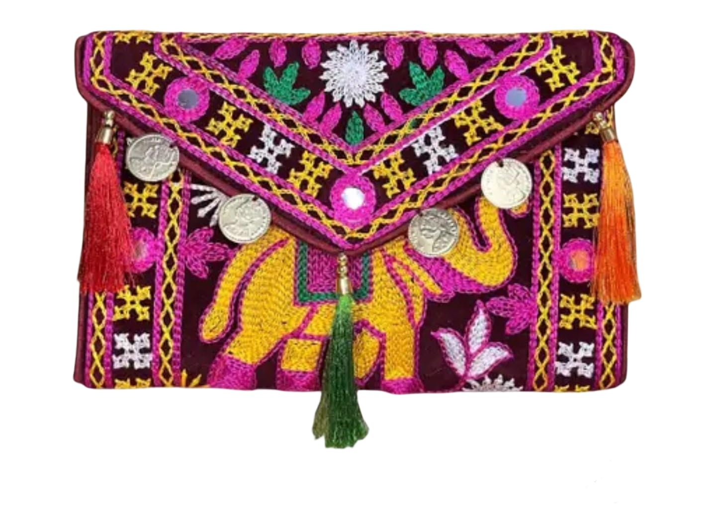 Bohemian Embroidered Clutch Purse with Elephant Design, Tassels and Coin Details, Purple and Multicolour, eco-friendly