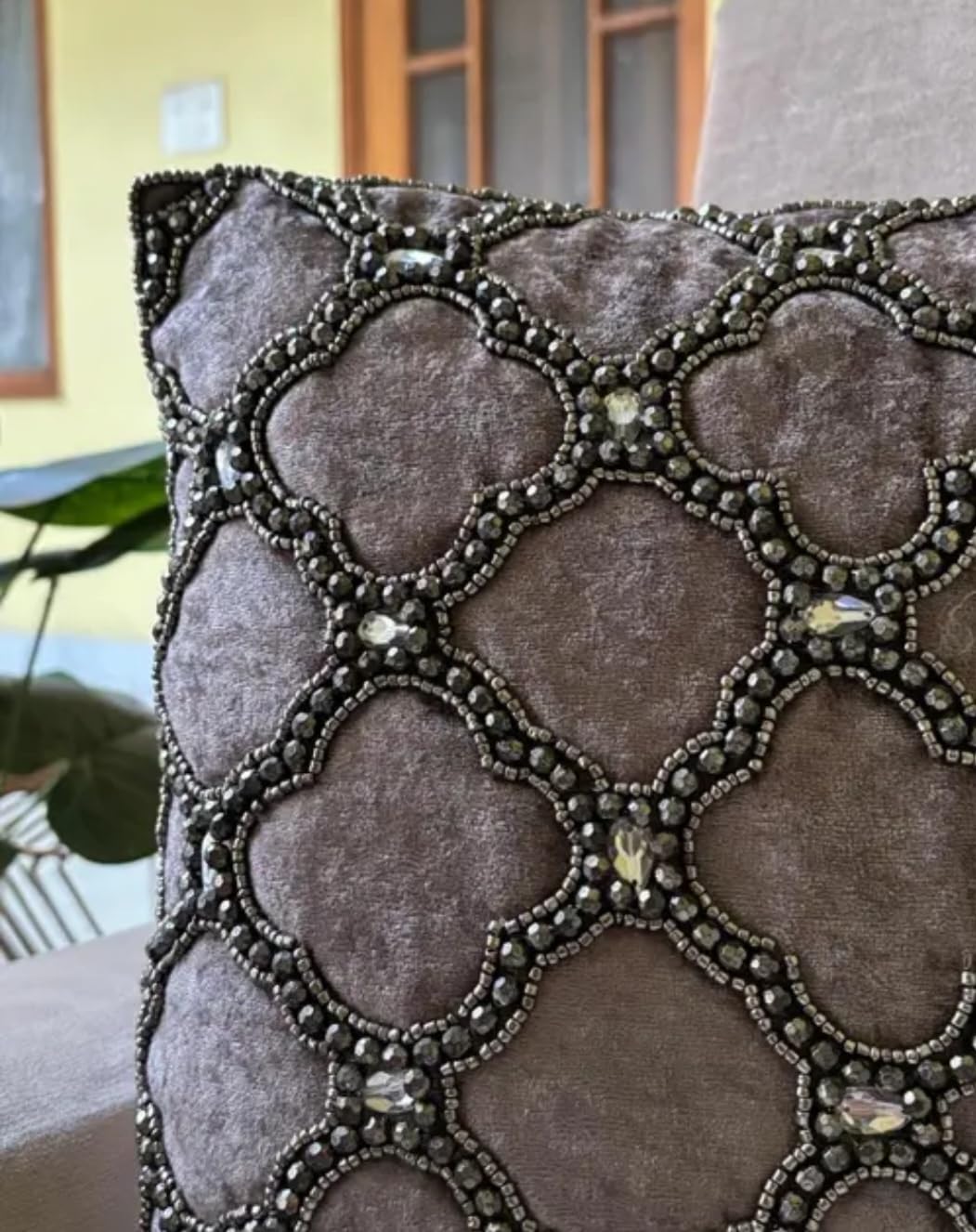 Velvet Throw Pillow Cover with Beaded Quatrefoil Pattern, Grey, Decorative Cushion Cover