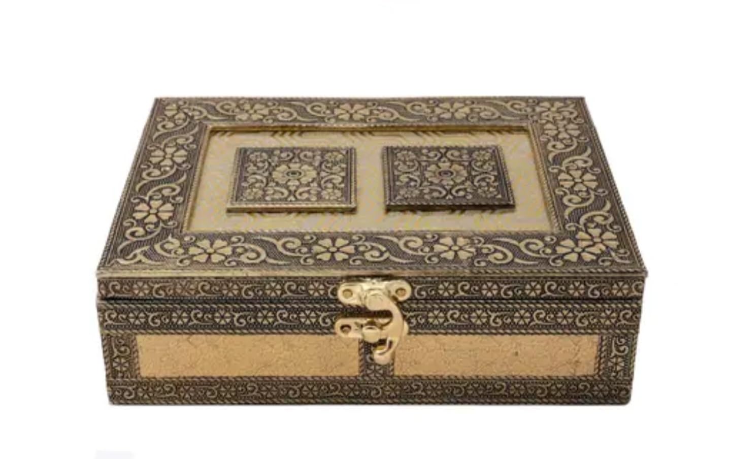 Vintage Decorative Jewelry Box with Floral Pattern, Antique Gold and Beige, Metal Clasp Lock, Traditional Style Storage Case