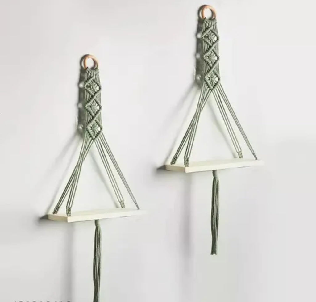 Macrame Wall Shelf Set, Hanging Triangle Floating Shelves, White and Sage Green, Boho Home Decor