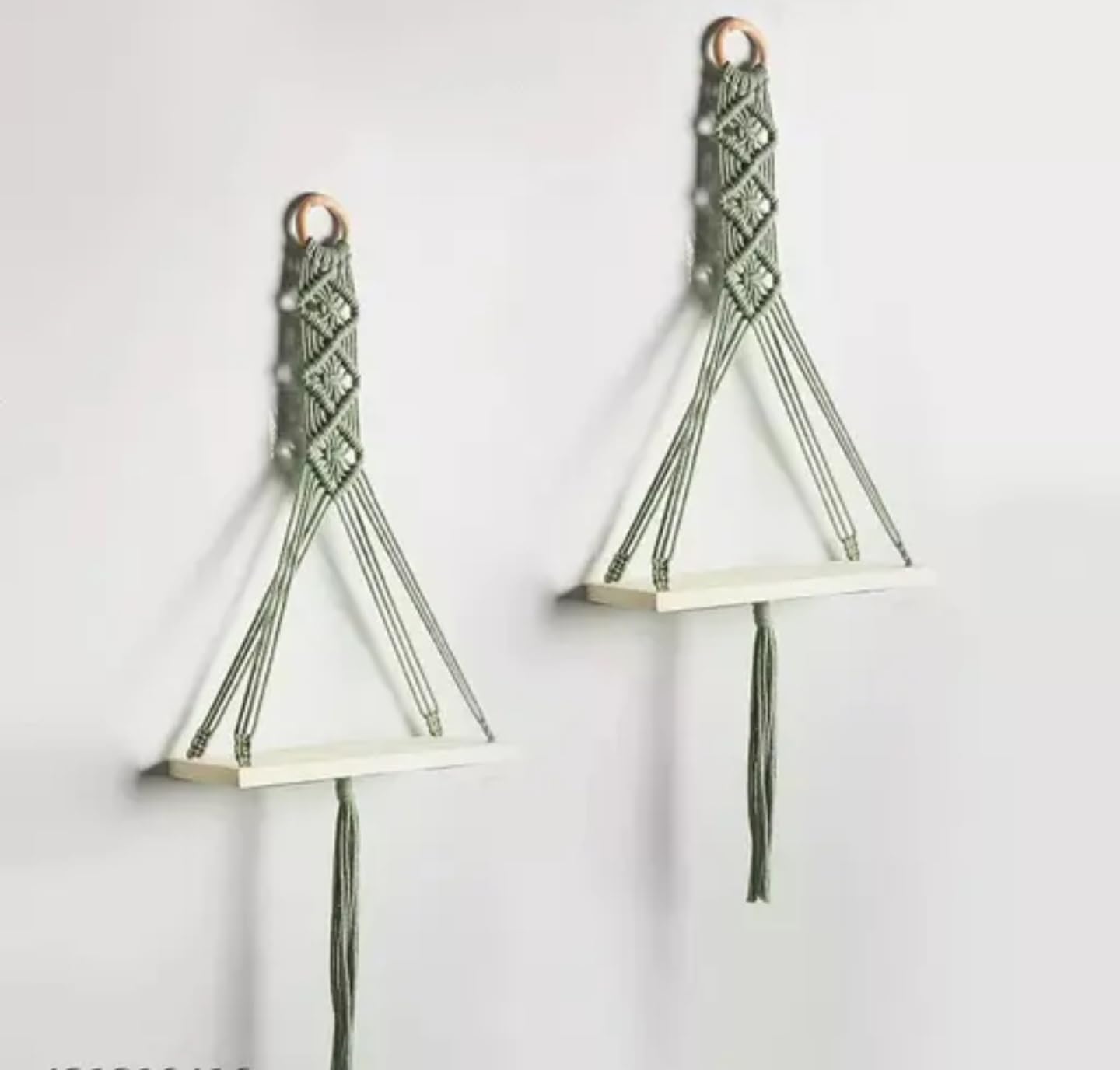 Macrame Wall Shelf Set, Hanging Triangle Floating Shelves, White and Sage Green, Boho Home Decor