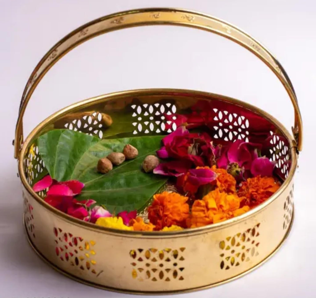 Decorative Metal Basket with Handle, Gold Filigree Design, Traditional Style Floral Container for Fresh Flowers and Arrangements
