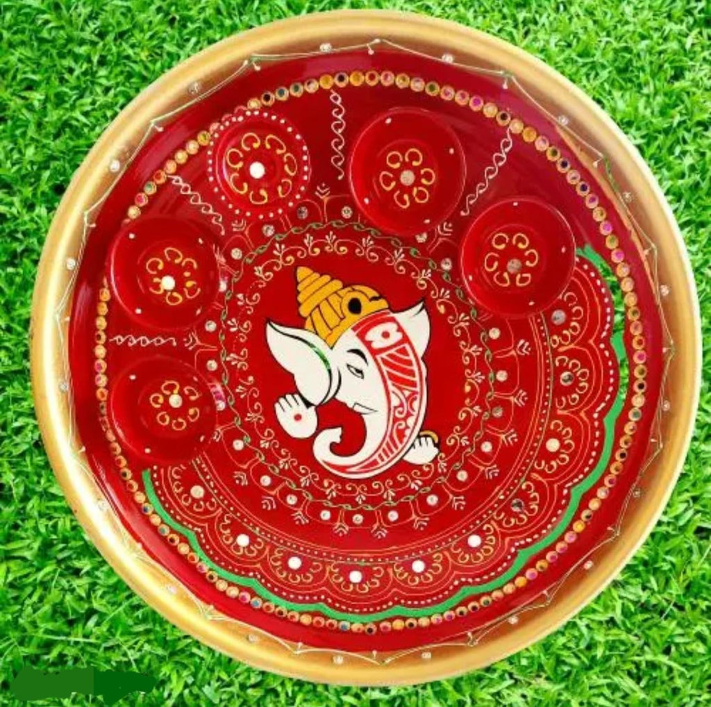 Handcrafted Traditional Ganesha Pooja Thali, Red and Gold, Decorative Steel Plate with Mandala Design, Round Spiritual Worship Platter