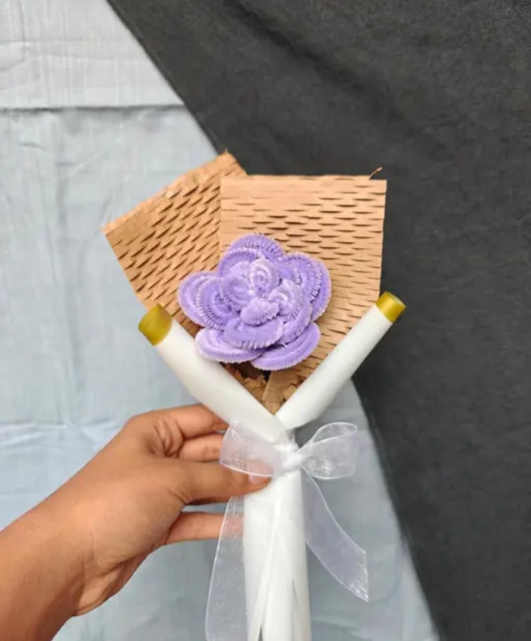 Decorative Flower Bouquet, Purple Lace Flower, Natural Wood Wrap, White Ribbon, Handmade Gift