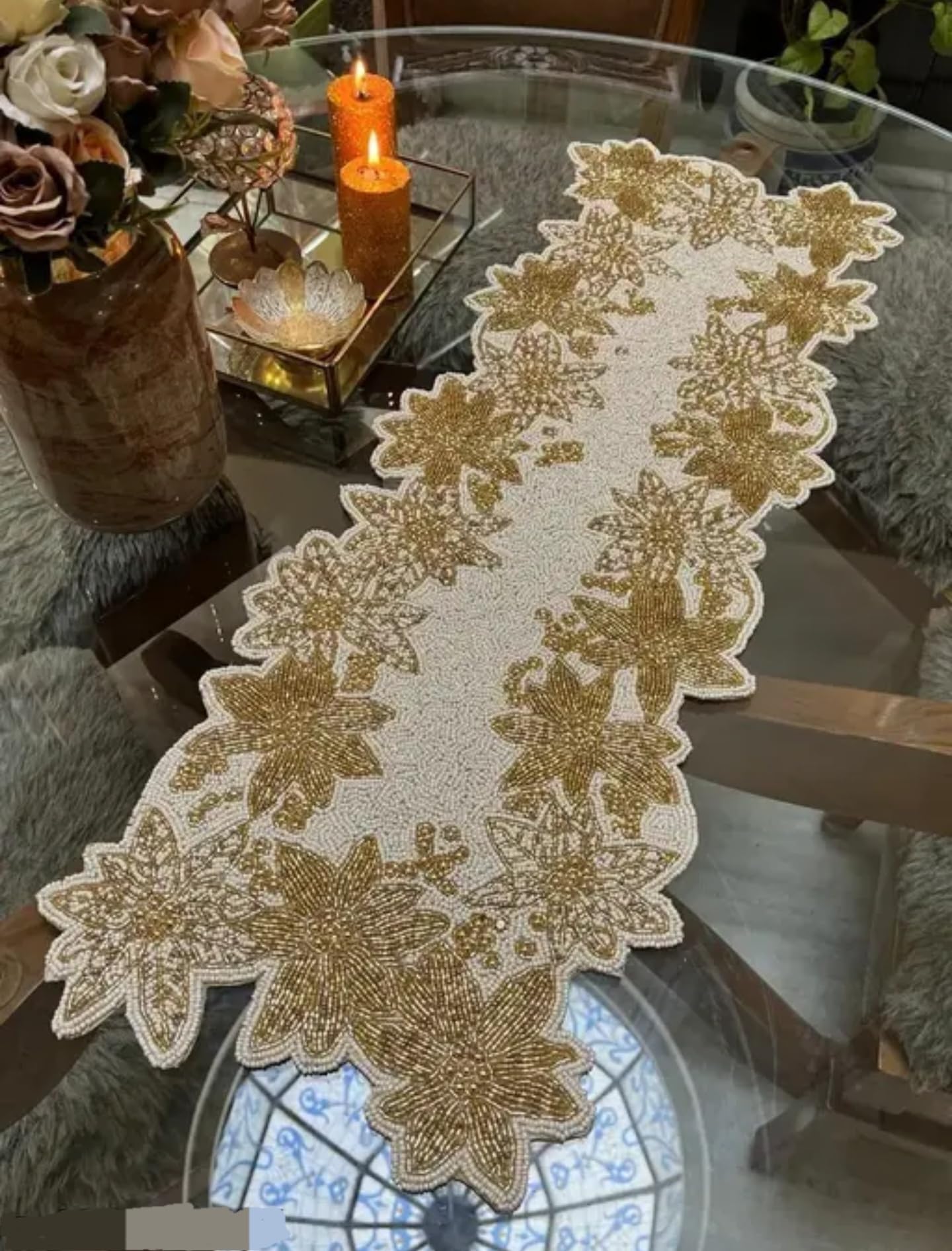 Handmade Table Runner, Gold Floral Design, Elegant Dining Decor