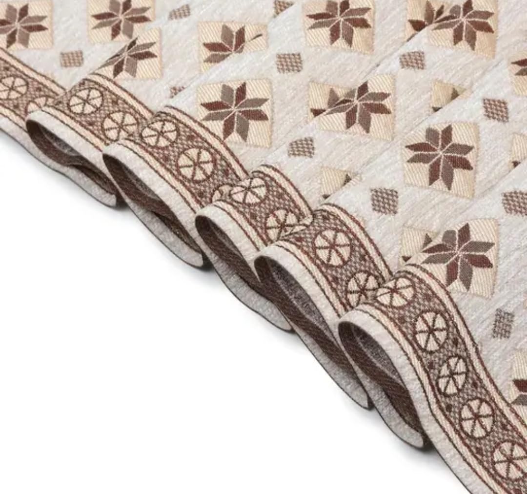 Table Runner with Star Pattern, Beige and Brown, Geometric Border Design, Dining Table Decor