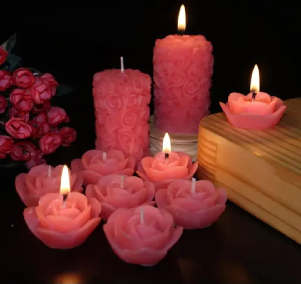Decorative Rose-Shaped Candle Set, Pink Pillar and Floating Candles, 8 Pieces