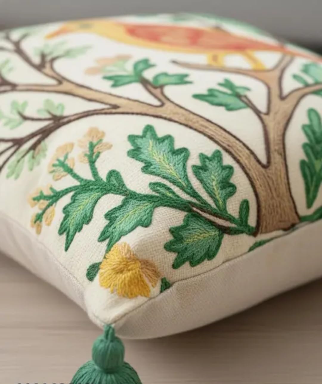 Handcrafted Embroidered Bird on Tree Throw Pillow Cover, Cream, Floral Botanical Style, with Green Tassels, 1 piece