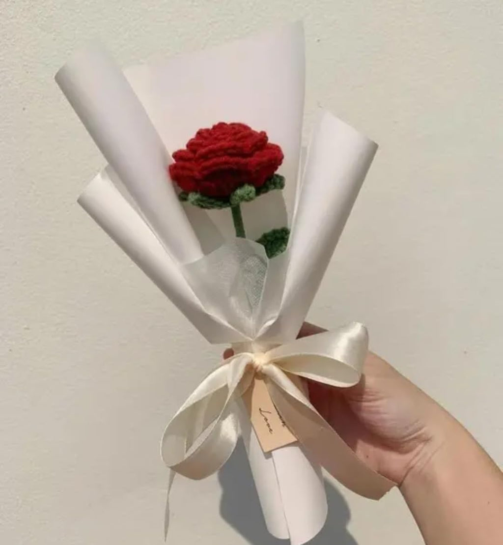 Handmade Crochet Red Rose with Green Stem and Leaves, Single Flower Decoration