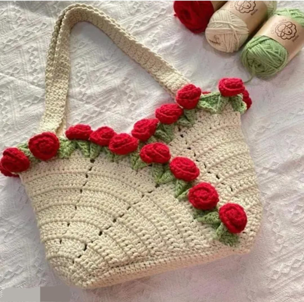Handmade Crochet Tote Bag, White with Red Floral Embellishments, Knit Handbag, Boho Floral Style