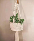 Macrame Plant Hanger with Tassel, White Cotton Rope, Handwoven Hanging Planter Basket