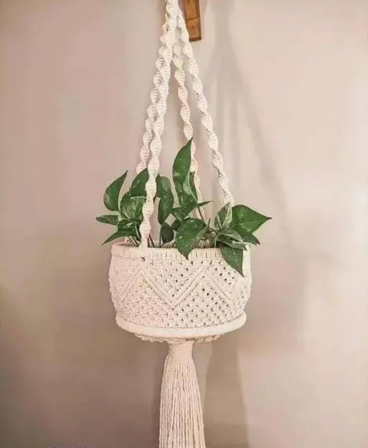 Macrame Plant Hanger with Tassel, White Cotton Rope, Handwoven Hanging Planter Basket