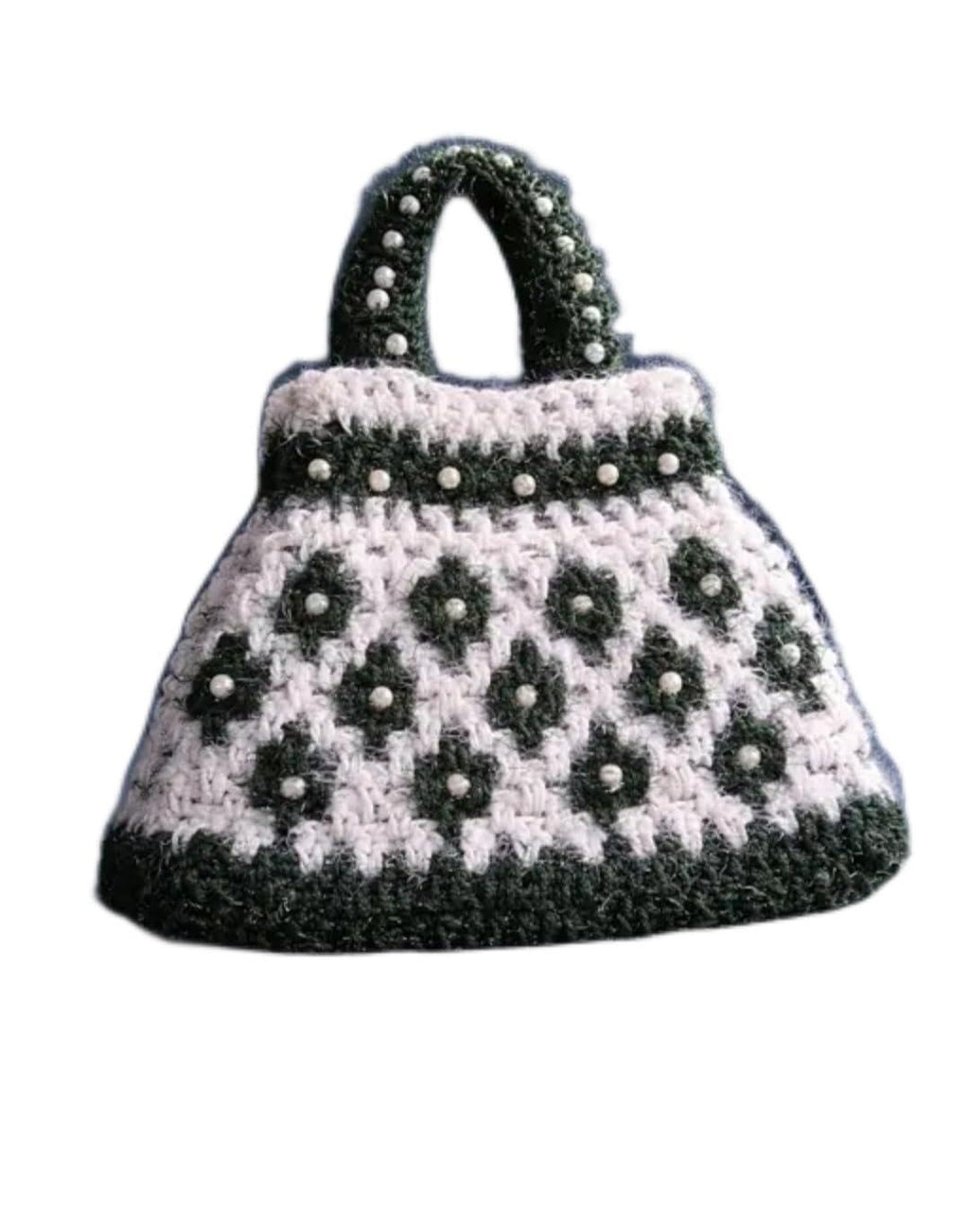 Handmade Crochet Handbag, Green and White, Pearl Bead Accents, Floral Pattern, Boho Style Tote Bag