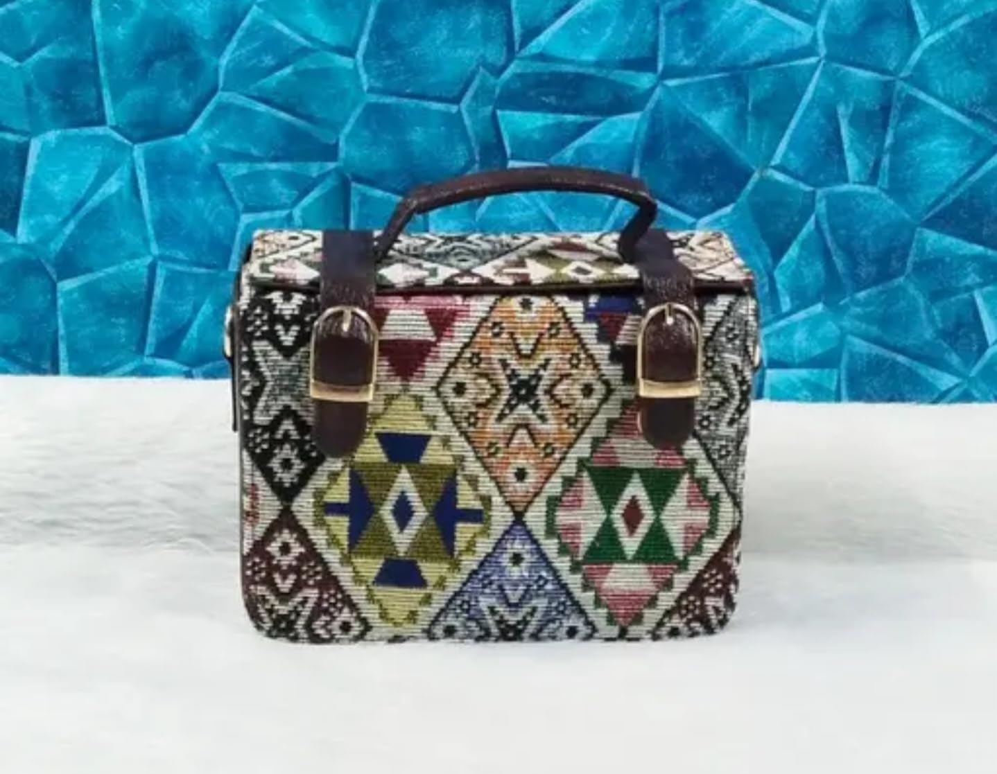 Geometric Pattern Crossbody Handbag with Leather Handles, Aztec Print, Chain Strap, Multicolour, ethnic Handbag