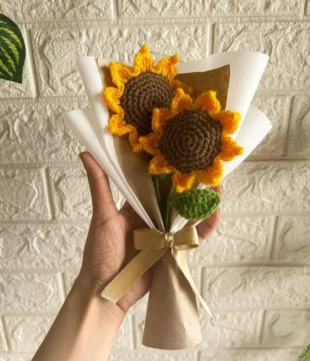 Crochet Sunflower Bouquet, Handmade Knit Flowers with Green Leaves, Yellow and Brown, Gift Wrapped with Ribbon