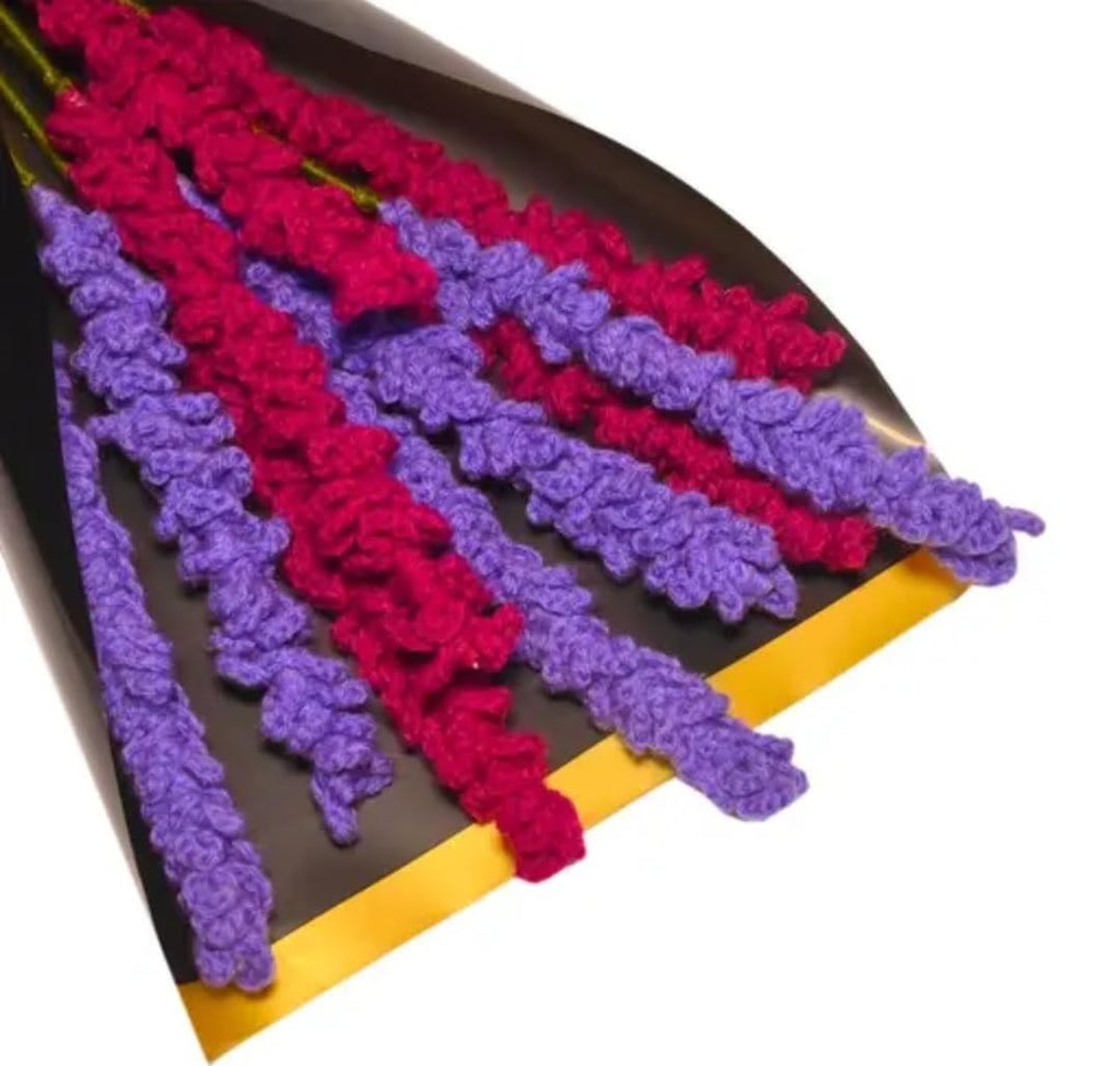 Crochet Lavender Bouquet, Purple and Red, Handmade Knit Flowers, Gift Wrapped with Ribbon