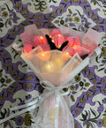 Handmade Pink Flower Bouquet, White Wrap, Ribbon Bow, Gift for Special Occasions