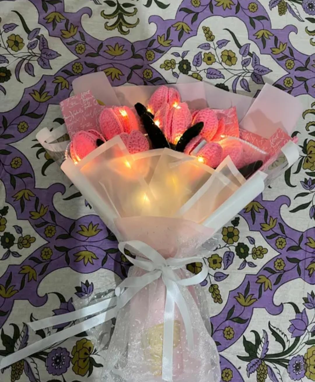 Handmade Pink Flower Bouquet, White Wrap, Ribbon Bow, Gift for Special Occasions