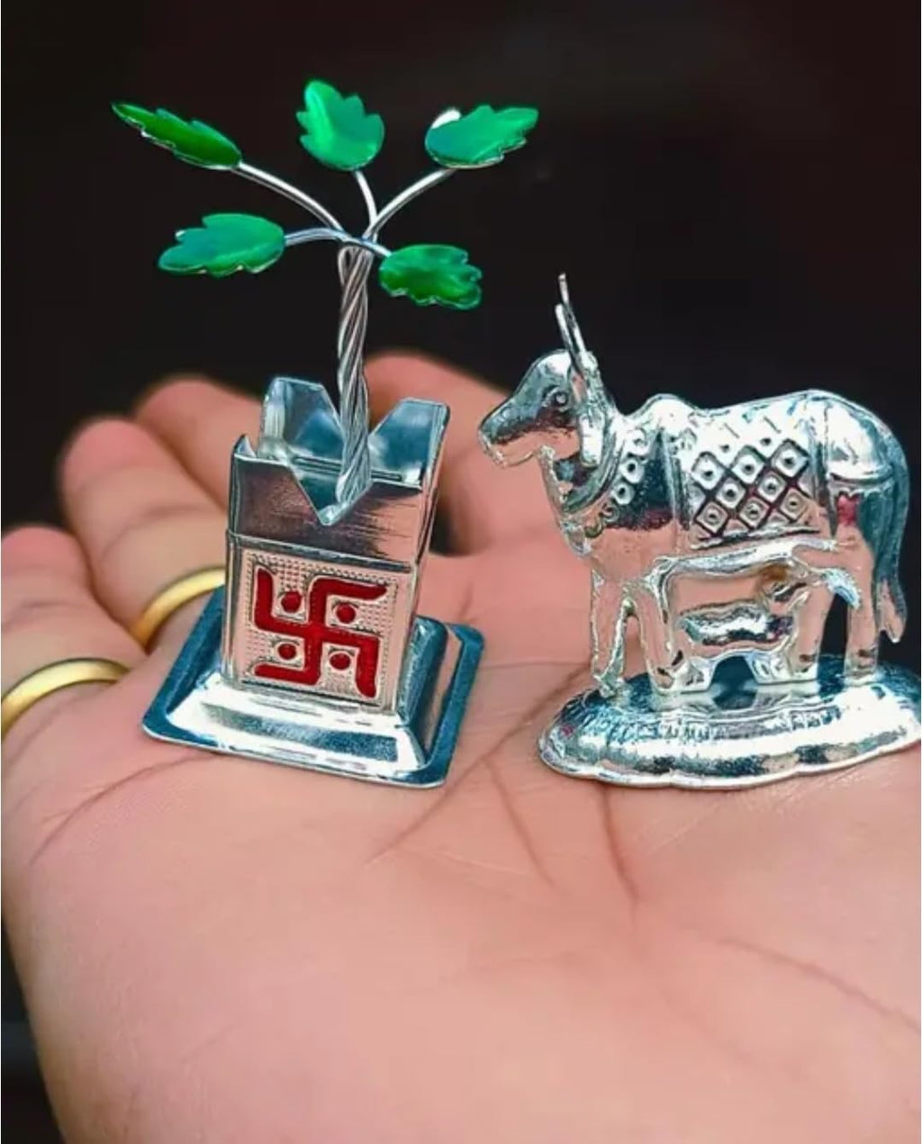 Silver Metal Kamdhenu Cow with Calf and Swastik Tulsi Plant Figurine, Hindu Pooja Decor Set