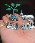 Silver Metal Kamdhenu Cow with Calf and Swastik Tulsi Plant Figurine, Hindu Pooja Decor Set
