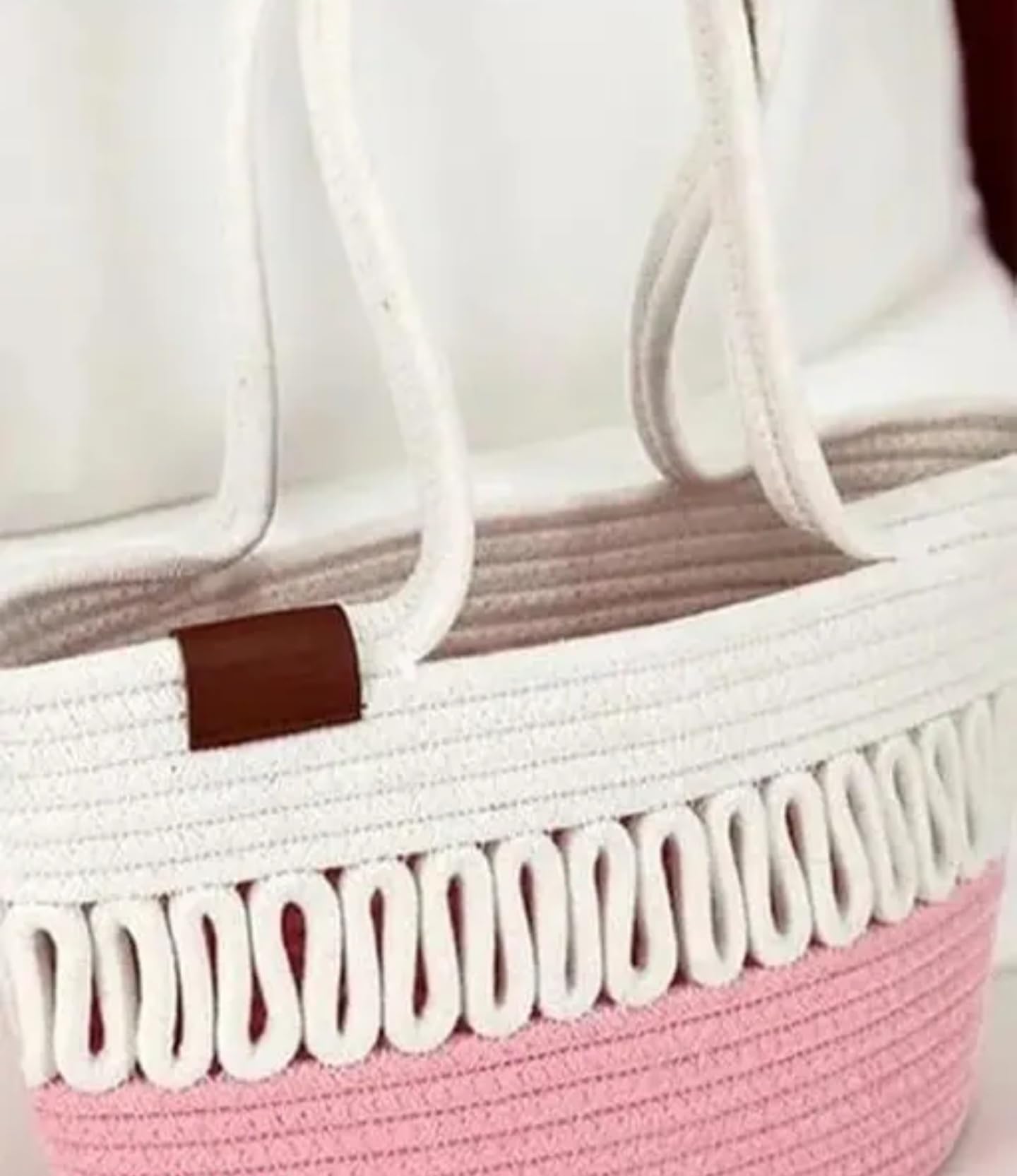 Cotton Rope Storage Basket, Decorative Woven Tote Bag with Handles, White and Pink, Loop Pattern Design