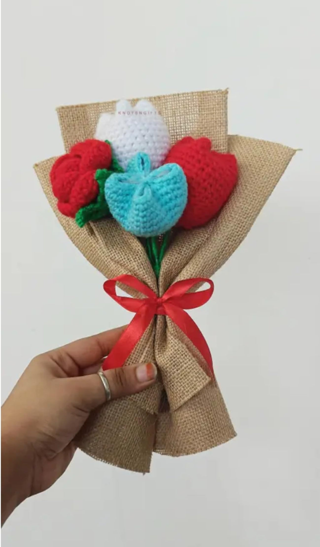 Handmade Crochet Flower Bouquet with Red and Turquoise Hearts, Burlap Wrap, Red Ribbon