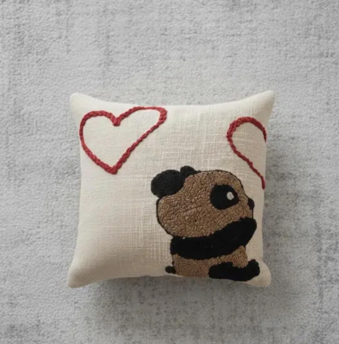 Cute Pug Hand Embroidered Throw Pillow Cover, Cream, Heart Design, Decorative Cushion for Sofa or Bedroom