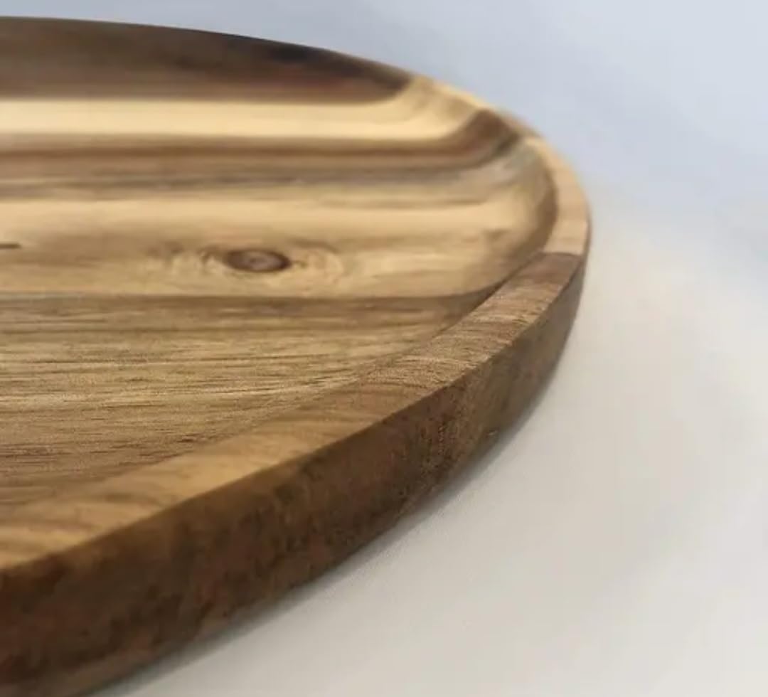 Wooden Round Serving Plate, Natural Brown, Acacia Wood, Rustic Grain Pattern