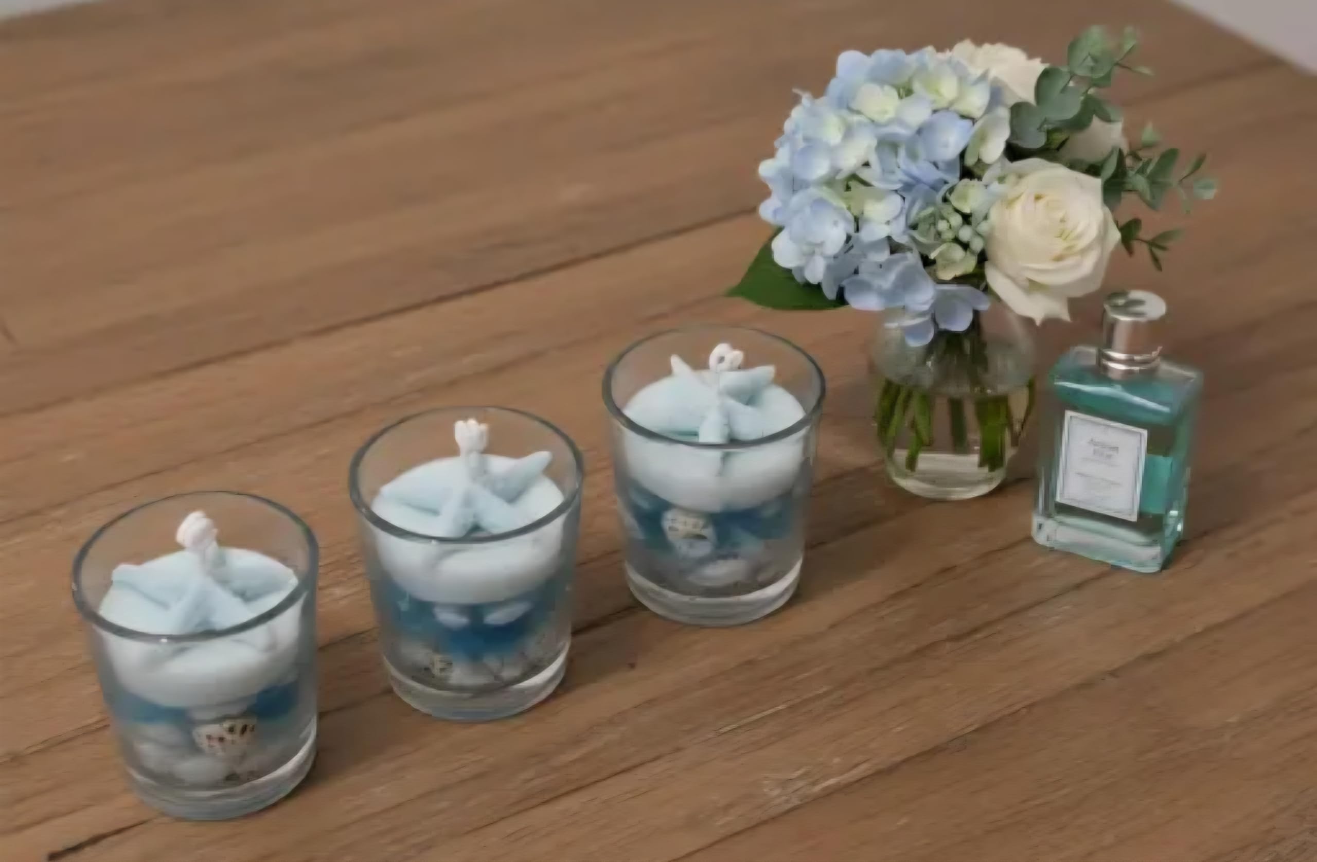 Ocean Themed Candles with Seashells, Blue and White Swirl, Glass Jar