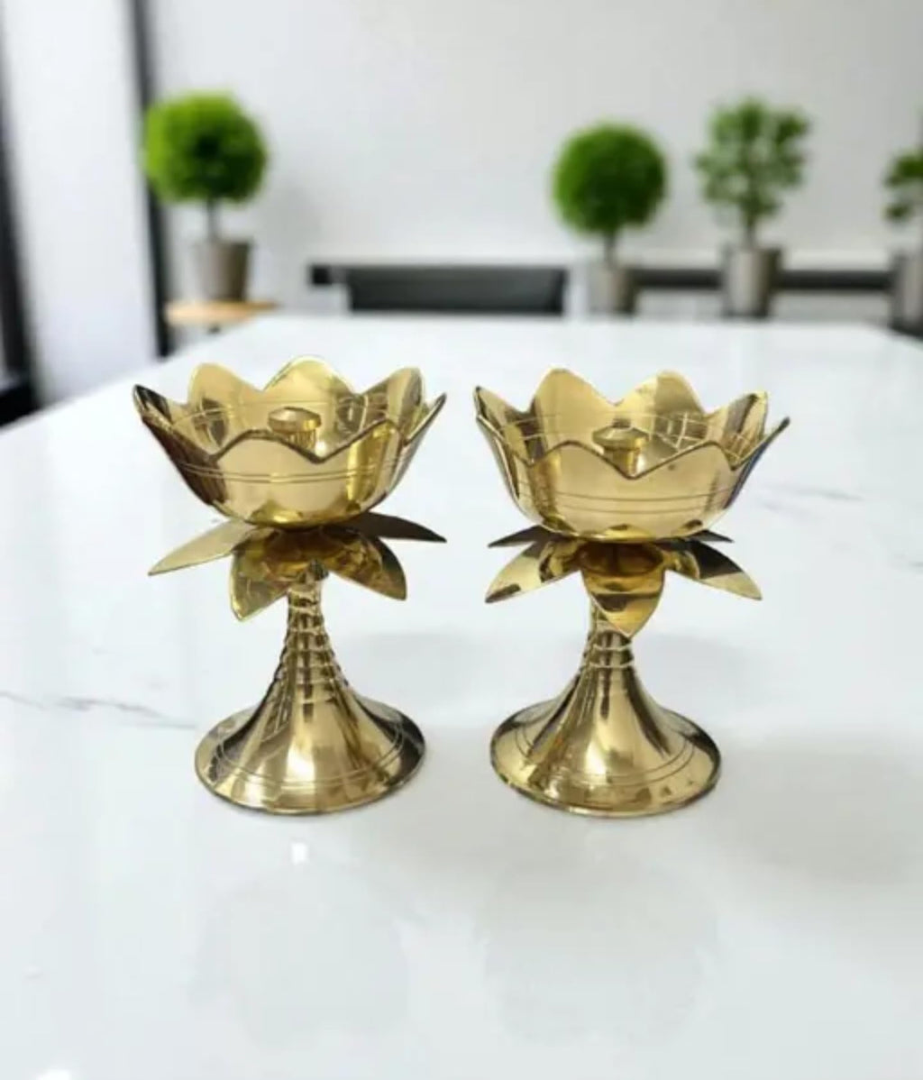 Decorative Brass Lotus Flower Candle Holders, Gold, Traditional Style, Set of 2, Floral Design, Temple Decor