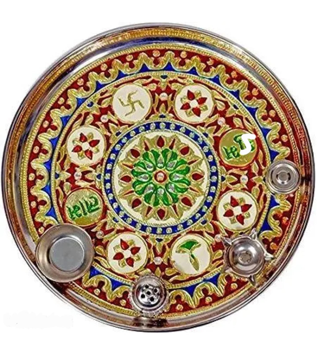 Pooja thali, round pooja thali set,Decorative Meenakari Wall Plate, Traditional Indian Handcrafted Design, Round Metal Platter with Gold, Red, Blue, Green Enamel Work