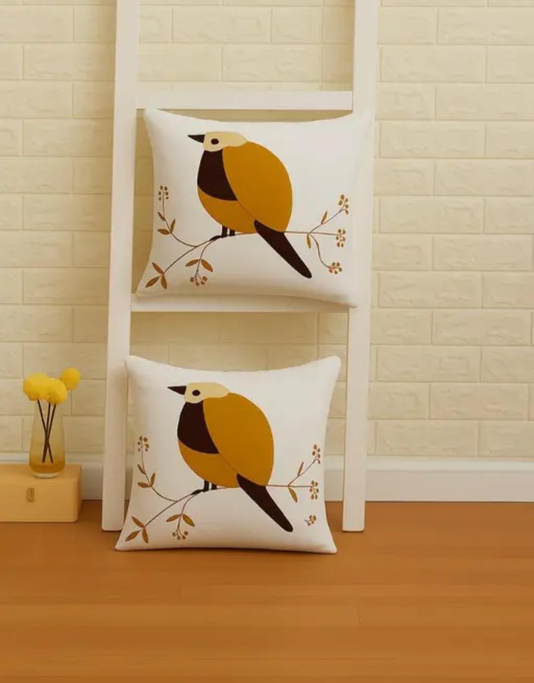 Decorative Bird Embroidered Cushion Cover, White, Set of 2, Nature Theme, Sofa Throw Pillow Covers