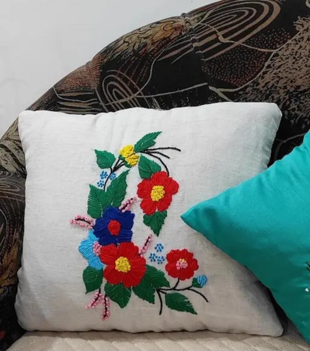 Hand Embroidered Floral Throw Pillow Cover, White, Colorful Flower Bouquet Design, Decorative Cushion Cover