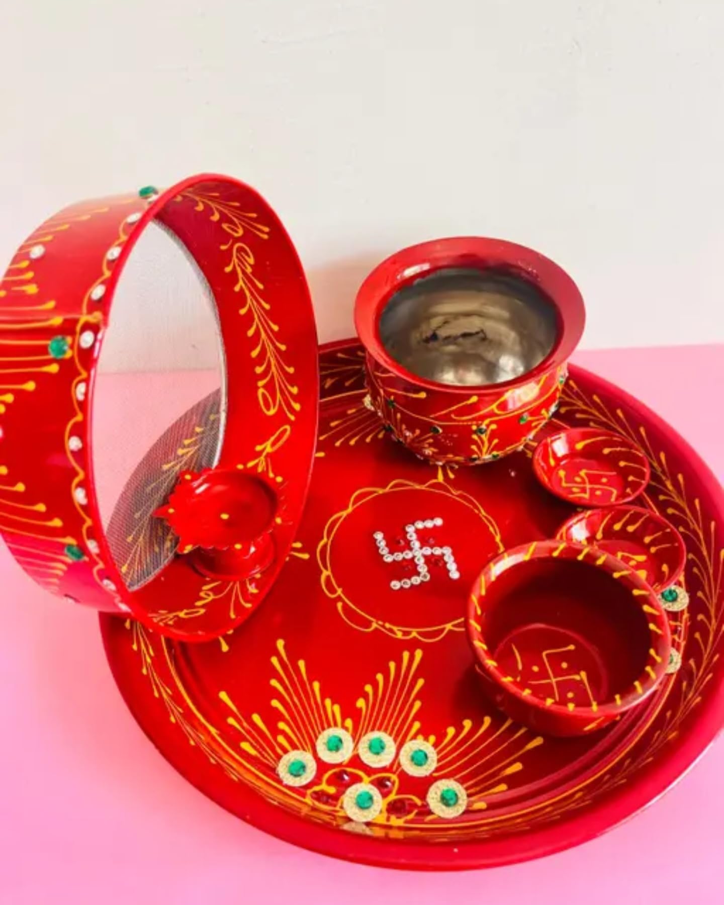 Handcrafted Red pooja thali for karwa chouth G,lass Decorative Bowl Set with Gold Floral Pattern, Emerald Crystal Accents, Traditional Style, karwa chouth set