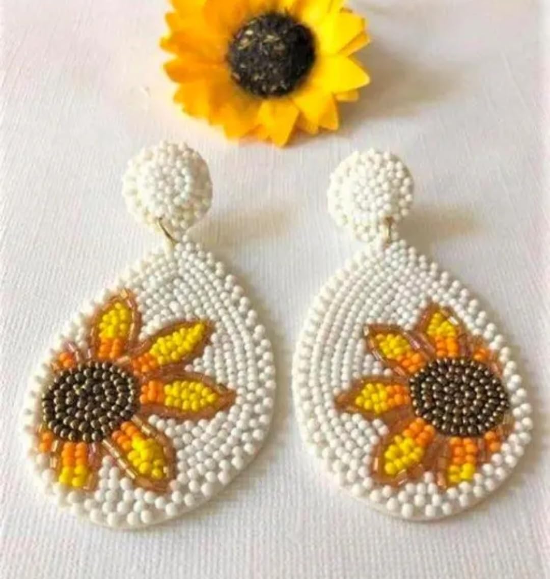 Beaded Sunflower Earrings, White Teardrop Dangle, Yellow Orange Floral Design, Handmade Statement Jewelry