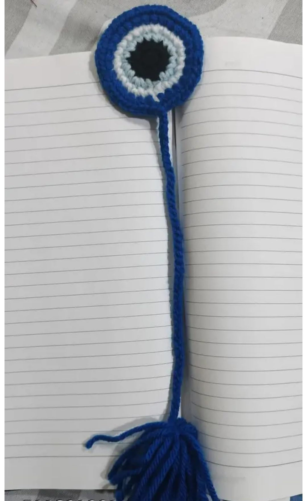 Crochet Evil Eye Bookmark with Tassel, Blue, Handmade, Set of 2