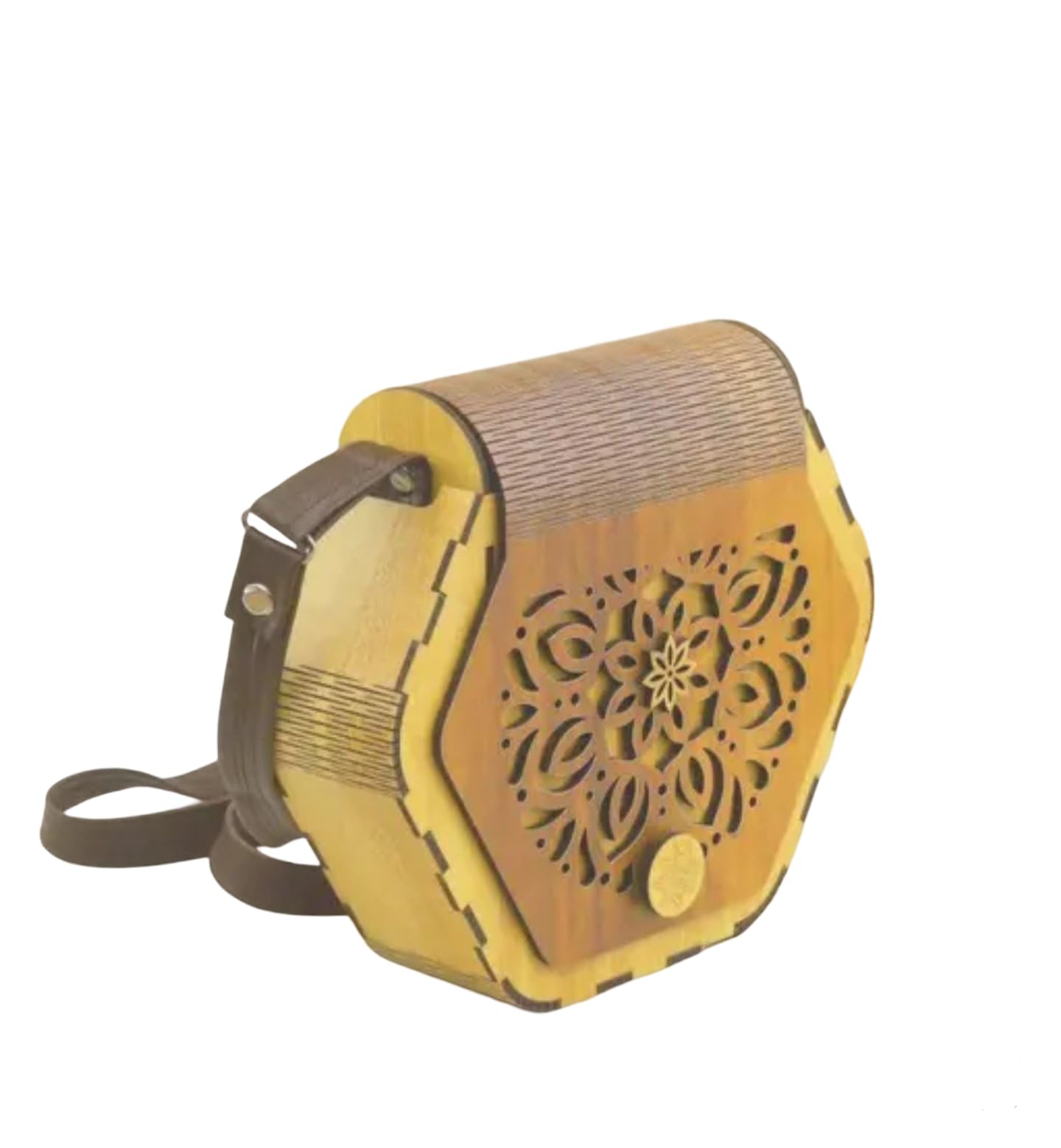 Wooden Crossbody Bag with Decorative Floral Cutout Pattern, Adjustable Strap, Yellow and Brown