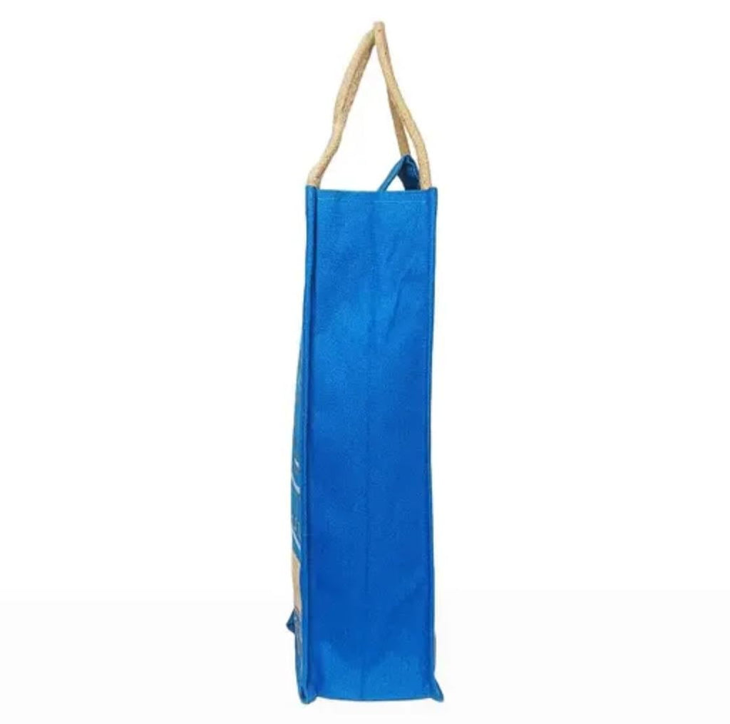 Jute Water Bottle Bag, Blue, Warli Print, Rope Handle with Button Closure, Reusable Carrier Tote