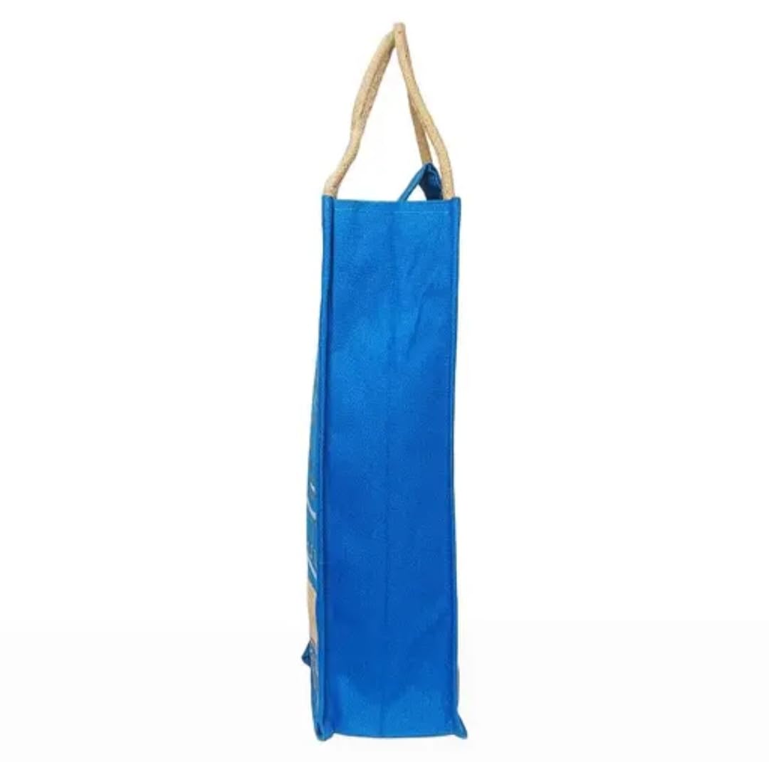 Jute Water Bottle Bag, Blue, Warli Print, Rope Handle with Button Closure, Reusable Carrier Tote