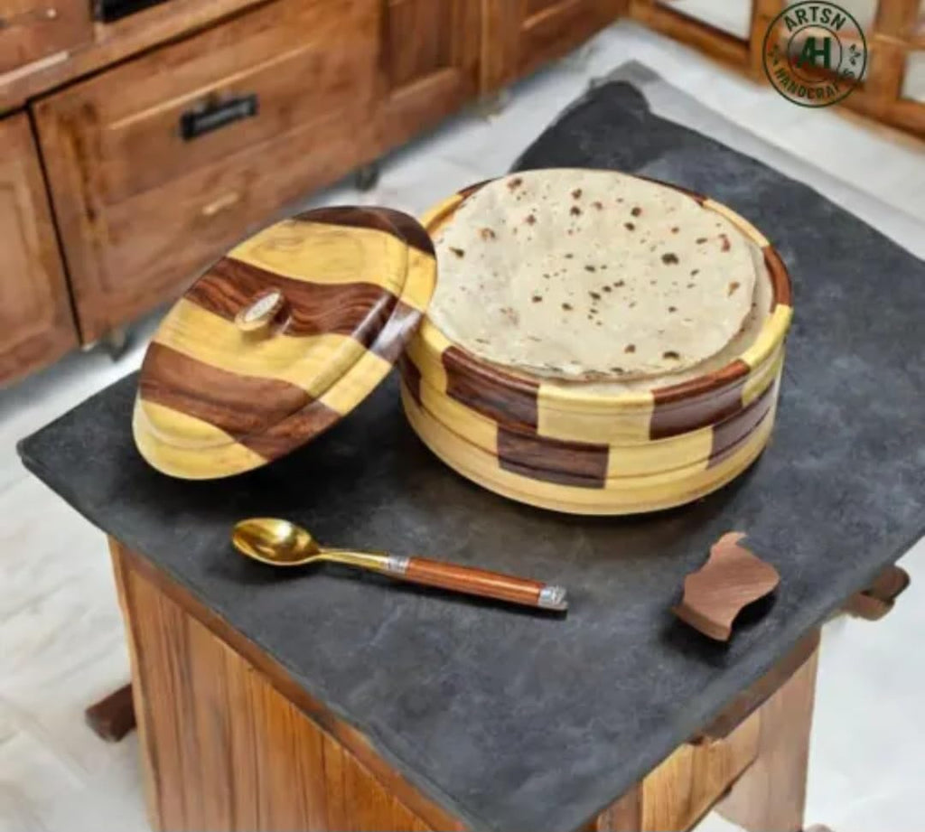 Wooden Storage Bowl with Lid, Checkered Pattern, Two-Tone Brown and Natural Wood, Round Shape, Handcrafted Design